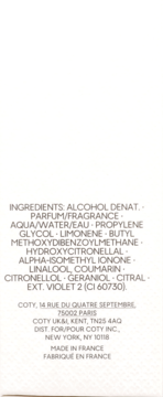 Tył opakowania perfum Coty z listą składników: alkohol denat., kompozycja zapachowa i inne.