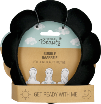 Widok z przodu: czarna, pluszowa opaska For Your Beauty Bubble Haarband w kształcie kwiatu.