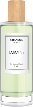 Chanson D'eau Jasmine perfumy z Bali, zielona butelka z drewnianą nakrętką, biała etykieta, widok z przodu.