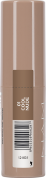 Tył brązowego sztyftu NAM Sculpting Bronzer 01 Cool Nude z etykietą, kodem kreskowym i numerem produktu.