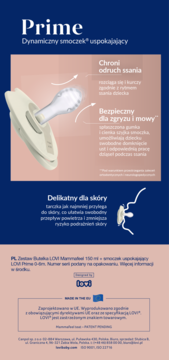 LOVI Prime dynamiczny smoczek uspokajający beżowy, z oświetloną gumką, na granatowym tle z opisami cech.