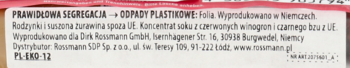EnerBio batonik, tył opakowania: etykieta z listą składników (rodzynki, borówki), producentem i recyklingiem plastiku.