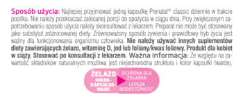 Fragment etykiety Prenatal Classic, suplementu dla ciężarnych. Białe tło, różowy tekst o sposobie użycia i żelazie w mikrokapsułkach.