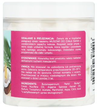 Tył opakowania musu do ciała Isana, kokos, różowa etykieta z tekstem i składnikami, widoczne pęknięcie kokosa.