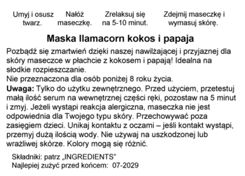 Biała etykieta maski w płachcie Ilamacorn kokos i papaja z czarnym tekstem, instrukcją użycia i ostrzeżeniami.
