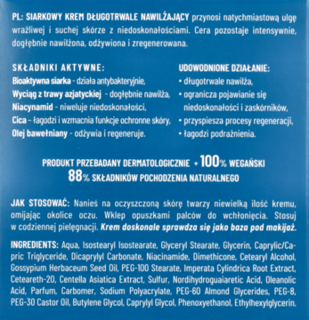 Fragment etykiety kremu nawilżającego Barwa Siarkowa z listą składników i instrukcją użycia.