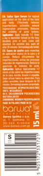 Tył pomarańczowego opakowania Barwa Sulfur Spot Serum 15ml z opisem w jęz. ang. i hiszp. oraz kodem kreskowym.