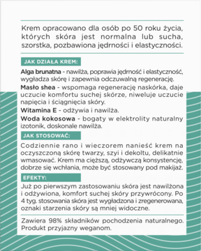 Biała ulotka z zielonymi falami, opis kremu przeciwzmarszczkowego 50+, tekst o składnikach aktywnych.