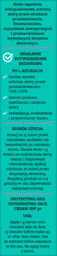 Pionowa etykieta Bielenda Protecting and Oxygenating Face Cream SPF 50, turkusowe tło, ciemny tekst.
