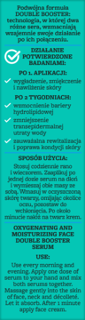 Oxygenating and Moisturizing Face Double Booster Serum: detailed product info and usage guide on teal panel.