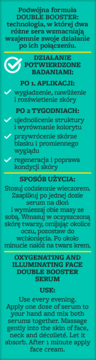 Etykieta serum Bielenda Skin O3zone Double Booster: szczegóły dotleniająco-rozświetlającego działania, użycie, zielone tło.