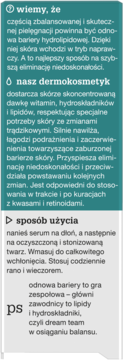 Pionowy panel informacyjny o dermokosmetyku: zielona góra z opisem działania, szary dół z instrukcją użycia.