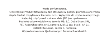 Etykieta woda perfumowana z ostrzeżeniami, danymi producenta S.C. Dubai Scent SRL i pochodzeniem z ZEA.