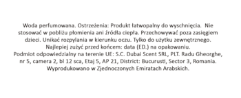 Tylna etykieta perfum Lattafa z ostrzeżeniami o łatwopalności i danymi producenta z ZEA na białym tle.