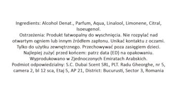 Lataffa Velvet Rose woda perfumowana, tył opakowania z polskimi ostrzeżeniami i adresem dystrybutora.