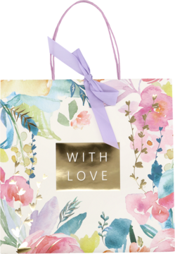 Torebka prezentowa w kwiaty, z pastelowymi akwarelowymi wzorami, złotym napisem "WITH LOVE" i fioletową kokardą.