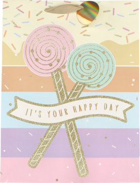 Pastelowa torebka prezentowa w paski z dwoma brokatowymi lizakami i napisem 'IT'S YOUR HAPPY DAY', z uchwytem.