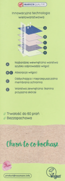 Szczegółowy diagram 5-warstwowej technologii bielizny menstruacyjnej, ukazujący odprowadzanie wilgoci, wchłanianie i przepuszczalność powietrza.