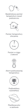 Lista funkcji termometru bezdotykowego: pomiar w 2s nawet podczas snu, alarm gorączki, etui, podświetlany.