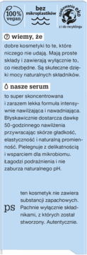 Etykieta serum w kolorze jasnego błękitu, z tekstem o wegańskim składzie, braku mikroplastików i 50h nawilżenia.