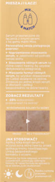 Boczna strona opakowania serum Mixa Mix & Match na przebarwienia, z logo, opisem użycia i wyników.