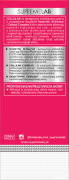 Tył opakowania kremu Bielenda Supremelab Cellular. Różowy panel z opisem działania, składników aktywnych i użycia.