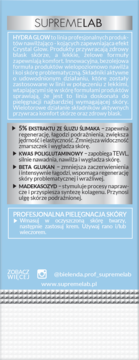 Niebieska ulotka SupremeLab Hydra Glow, prezentująca polski opis linii, kluczowe składniki i użycie.