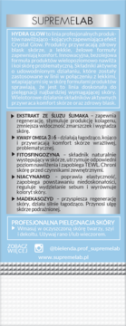 Panel informacyjny Bielenda Supremelab Hydra Glow, z opisem składników (ślimak, Niacynamid) i użycia.