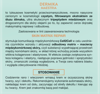Fragment ulotki Dermika Maestria: opis kremu przeciwzmarszczkowego ze śluzem ślimaka i tripeptydem miedziowym.