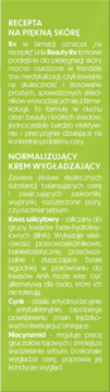Opis kremu Soraya Beauty RX normalizującego na zielonym tle, widoczny tekst o kwasie salicylowym.