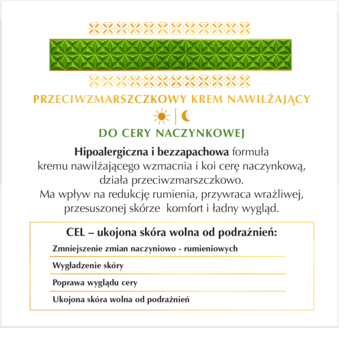 Biała karta informacyjna kremu Dermika Vitamin P Plus do cery naczynkowej, z zielono-złotym wzorem.