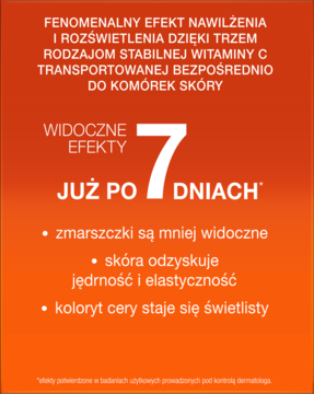 Pomarańczowa grafika Perfecta Fenomen C, kremu z witaminą C. Duża cyfra 7 dni, lista korzyści: jędrność, blask.