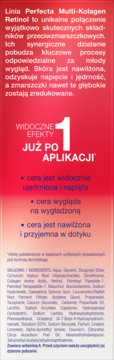 Panel Perfecta Multi-Kolagen Retinol, opis efektów po 1 aplikacji, składniki na czerwonym i niebieskim tle.