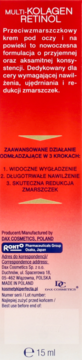 Tylna strona czerwonego opakowania kremu pod oczy Perfecta Multi-Kolagen Retinol 15ml, z opisem w j. polskim.