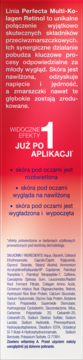 Czerwony panel kremu pod oczy Perfecta Multi-Kolagen Retinol. Opis efektów: redukcja zmarszczek, nawilża, wygładza po 1 użyciu.