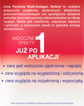 Grafika reklamowa Perfecta Multi-Kolagen Retinol, duża cyfra 1, "Widoczne efekty już po aplikacji", korzyści dla cery.