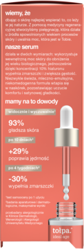 Tolpa Ideal Age serum w butelce z zakraplaczem, widok z przodu na tle z tekstem opisującym efekty.