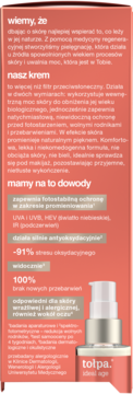 Tył kartonowego opakowania kremu Tolpa. Ideal Age, koralowy kolor, widoczny opis działania (filtr UV, antyoksydacja).