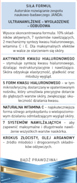 Biała ulotka serum JANDA. Opisuje formułę z kwasem hialuronowym, witaminą C, nawilżeniem i odbudową skóry.