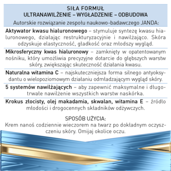 Informacje o kremie Janda Hialuron Reconstructor: składniki (hialuron, wit. C), działanie, sposób użycia.