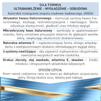 Tylna strona opakowania kremu na dzień Janda Hialuron Reconstructor, biało-niebieskie, z detalami składu i użycia.