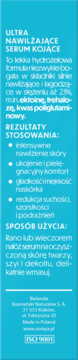 Etykieta serum Soraya Ultra Nawilżające Kojące w kolorze turkusu, z białym tekstem i informacjami o produkcie.