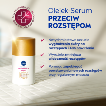 Biała butelka NIVEA LUMINOUS630 Olejek-serum przeciw rozstępom z złotą nakrętką i tekstami o korzyściach.