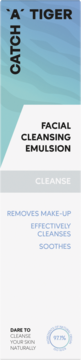 Front opakowania emulsji Catch A Tiger. Produkt do oczyszczania twarzy i usuwania makijażu, 97.1% naturalny.