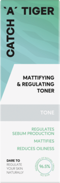 Catch A Tiger Mattifying & Regulating Toner w wysokim, biało-zielonym opakowaniu z pasami, widok z przodu.