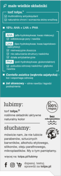 Szczegółowa pionowa etykieta tołpa ze składnikami: torf, 15% AHA/LHA/PHA, Centella asiatica. Kolor teal.