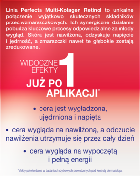 Reklama Perfecta Multi-Kolagen Retinol: głębokie nawilżenie, redukcja zmarszczek i gładka cera po 1 aplikacji.