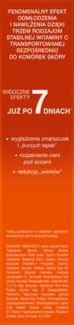 Boczna ścianka pomarańczowego opakowania kremu Perfecta Fenomen C pod oczy. Z witaminą C redukuje zmarszczki i cienie.