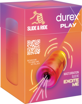 Opakowanie Durex Play Excite Me, masturbator męski, w gradiancie różowo-pomarańczowym, z widocznym rękawem.