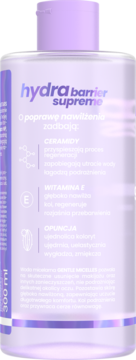 Przezroczysta butelka micelarnej wody Hydra Barrier Supreme 300ml z ceramidami i witaminą E, widok z przodu.